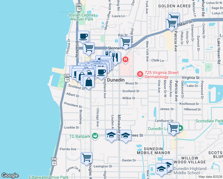 map of restaurants, bars, coffee shops, grocery stores, and more near 525 Wood Street in Dunedin