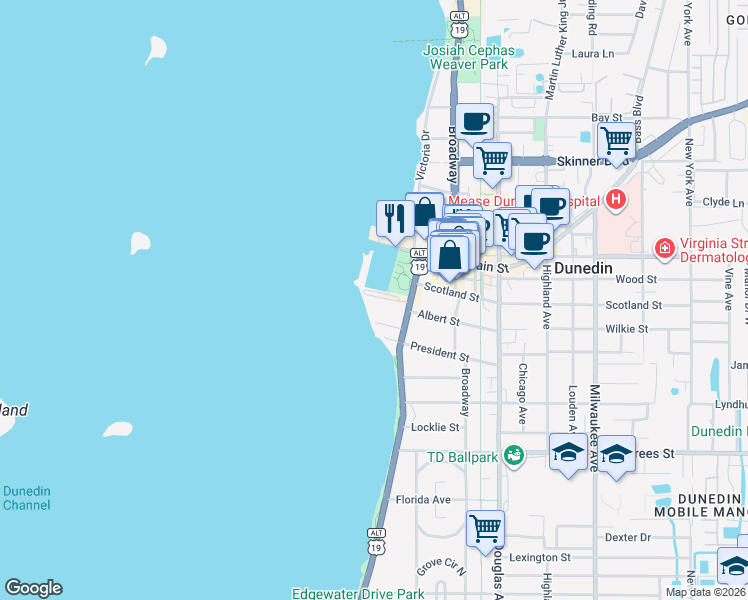 map of restaurants, bars, coffee shops, grocery stores, and more near 634 Edgewater Drive in Dunedin