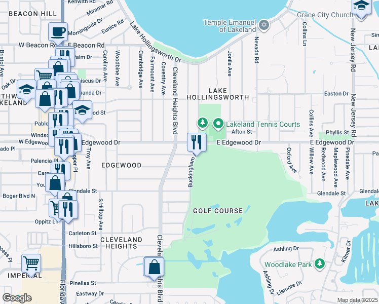 map of restaurants, bars, coffee shops, grocery stores, and more near 916 Woodward Street in Lakeland