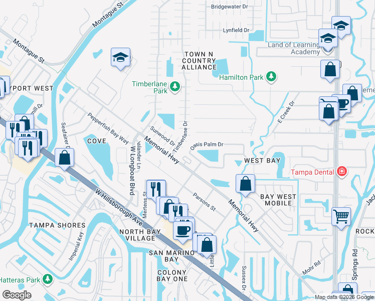 map of restaurants, bars, coffee shops, grocery stores, and more near 10102 Bay Wind Court in Tampa