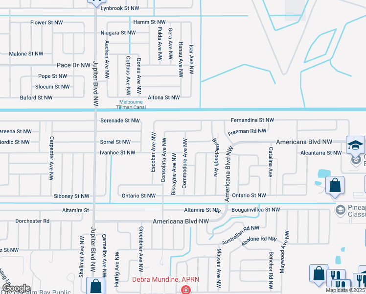 map of restaurants, bars, coffee shops, grocery stores, and more near 542 Commodore Avenue Northwest in Palm Bay