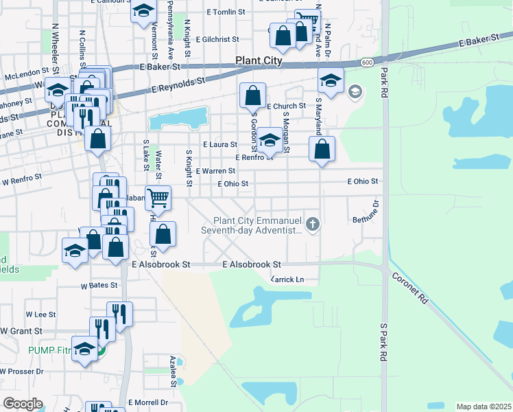 map of restaurants, bars, coffee shops, grocery stores, and more near 1301 East Alabama Street in Plant City