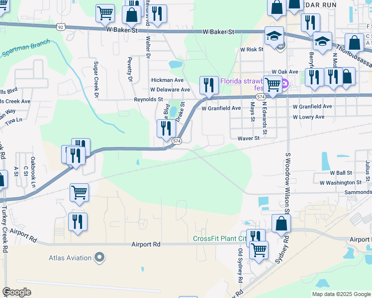 map of restaurants, bars, coffee shops, grocery stores, and more near 14 Euclid Drive in Plant City