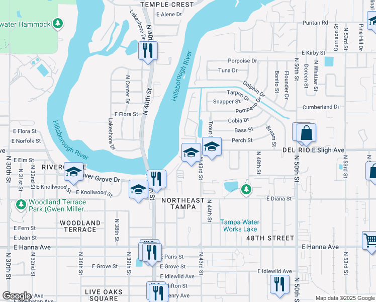 map of restaurants, bars, coffee shops, grocery stores, and more near 4102 Oak Knoll Court in Tampa