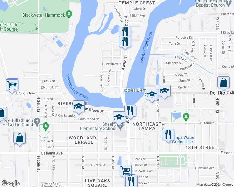 map of restaurants, bars, coffee shops, grocery stores, and more near 3820 Lakeshore Drive in Tampa
