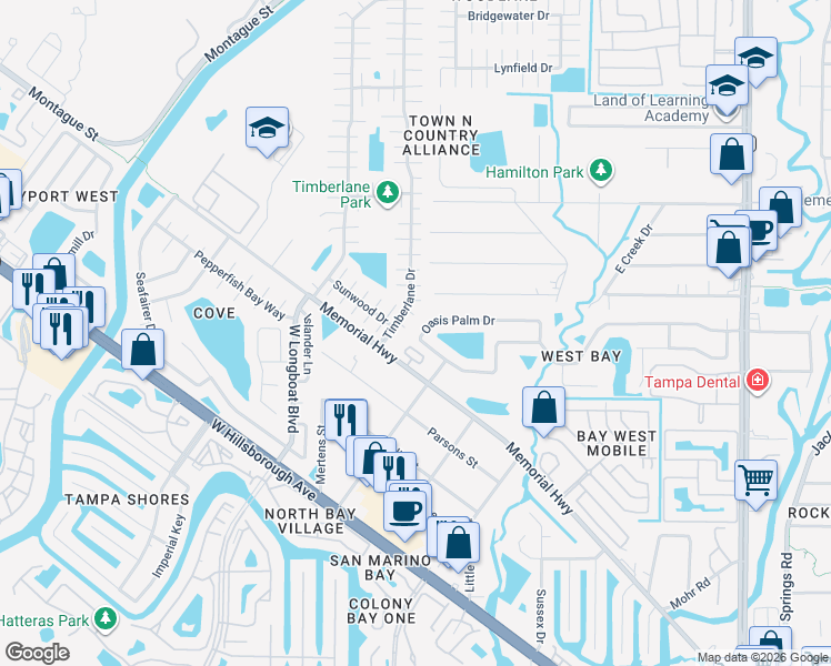 map of restaurants, bars, coffee shops, grocery stores, and more near 10102 Bay Wind Court in Tampa
