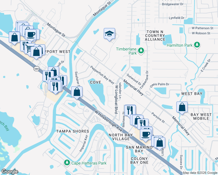 map of restaurants, bars, coffee shops, grocery stores, and more near 6716 Ranger Drive in Tampa