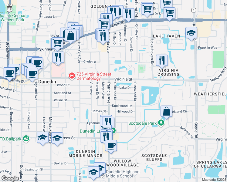 map of restaurants, bars, coffee shops, grocery stores, and more near 915 Lake Drive in Dunedin