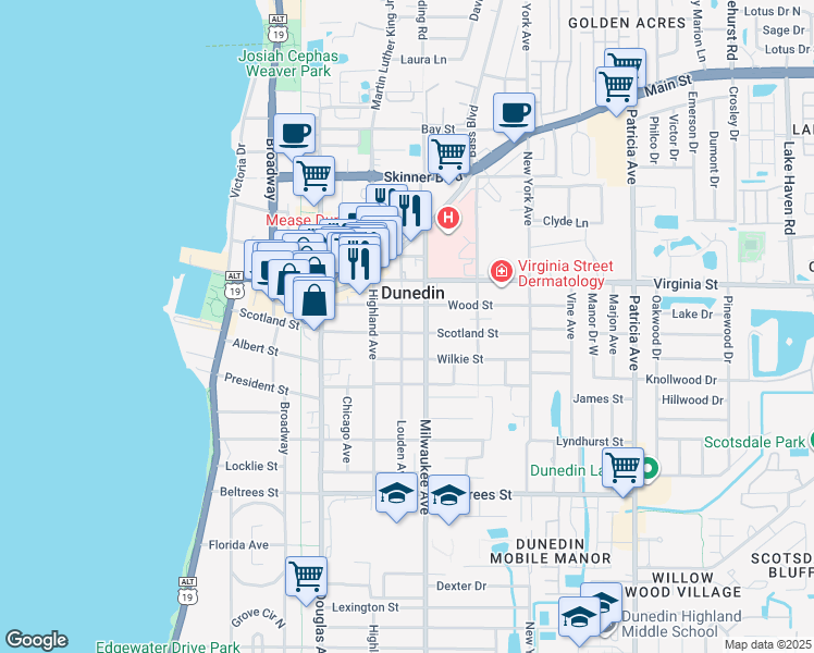 map of restaurants, bars, coffee shops, grocery stores, and more near 525 Wood Street in Dunedin