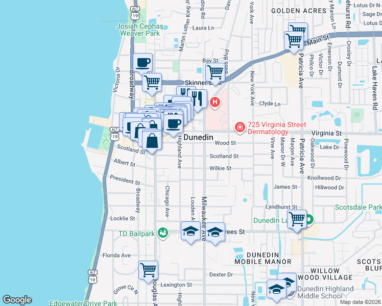 map of restaurants, bars, coffee shops, grocery stores, and more near 525 Wood Street in Dunedin