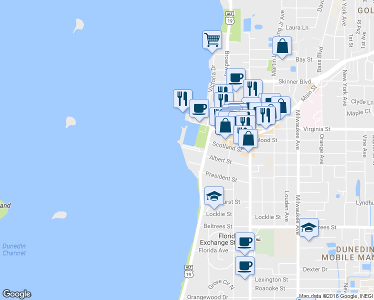 map of restaurants, bars, coffee shops, grocery stores, and more near 634 Edgewater Drive in Dunedin
