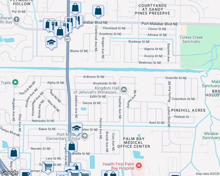 map of restaurants, bars, coffee shops, grocery stores, and more near 1891 Fallon Boulevard Northeast in Palm Bay