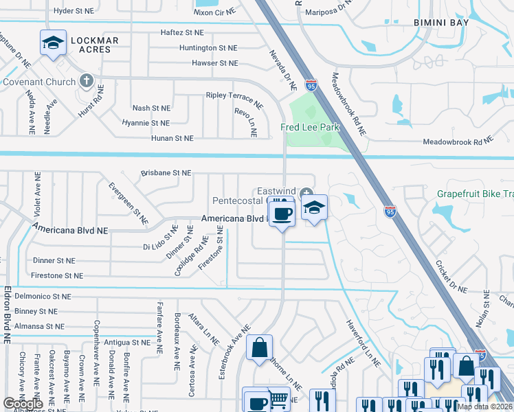 map of restaurants, bars, coffee shops, grocery stores, and more near 565 Empire Avenue Northeast in Palm Bay