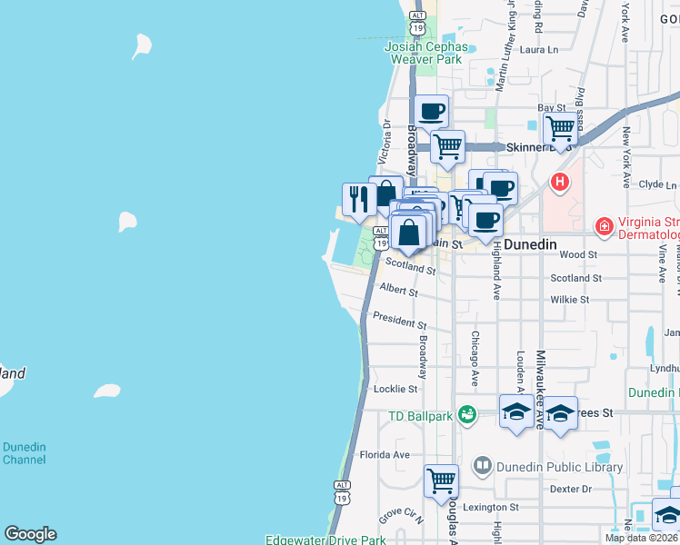 map of restaurants, bars, coffee shops, grocery stores, and more near 634 Edgewater Drive in Dunedin