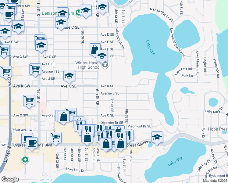 map of restaurants, bars, coffee shops, grocery stores, and more near 701 Avenue L Southeast in Winter Haven