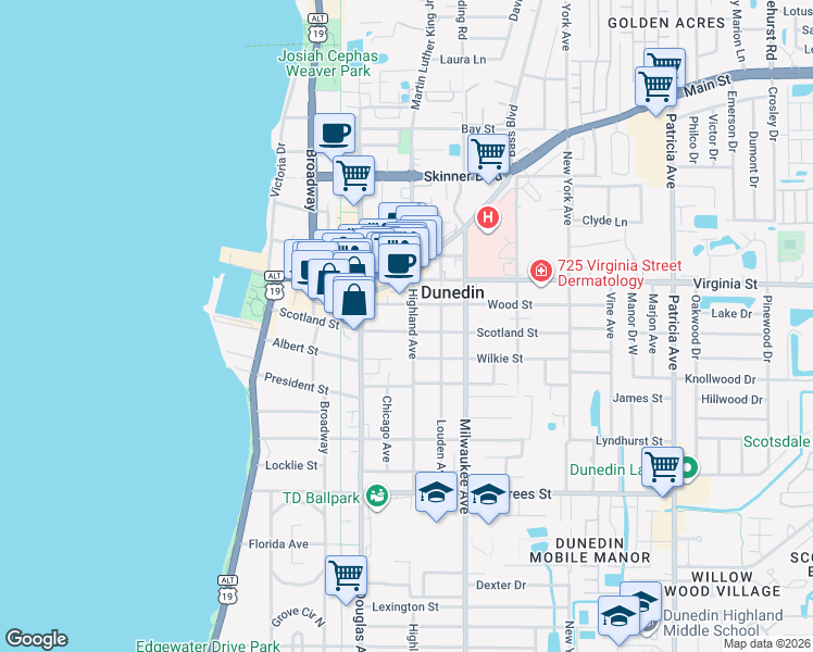 map of restaurants, bars, coffee shops, grocery stores, and more near 458 Scotland Street in Dunedin