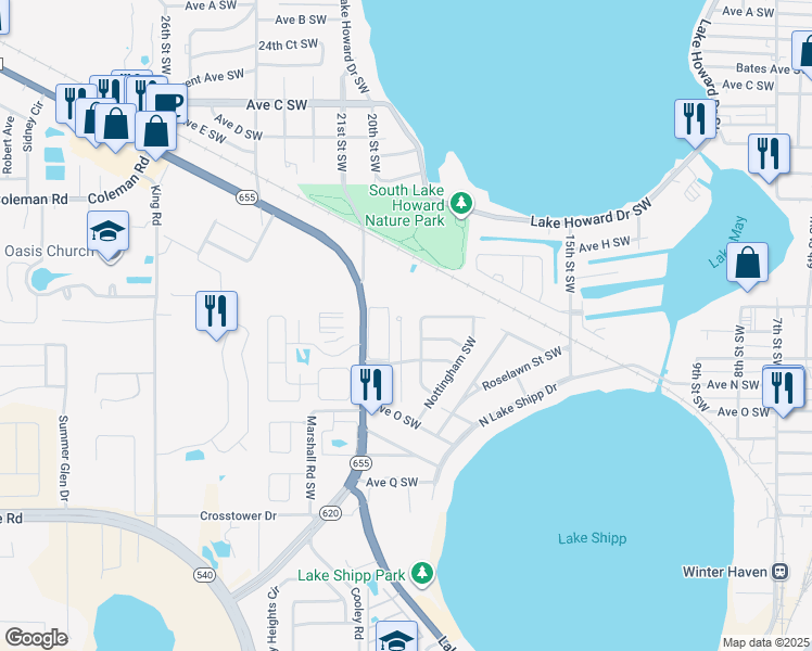 map of restaurants, bars, coffee shops, grocery stores, and more near 2038 Kings Crossing Southwest in Winter Haven