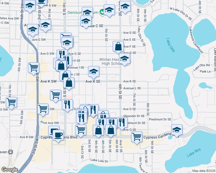 map of restaurants, bars, coffee shops, grocery stores, and more near 520 Avenue K Southeast in Winter Haven
