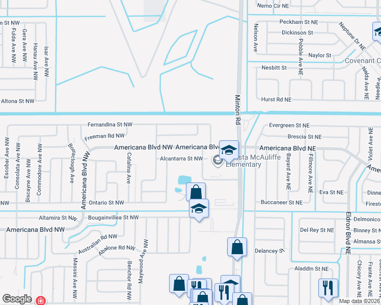map of restaurants, bars, coffee shops, grocery stores, and more near 228 Americana Boulevard Northwest in Palm Bay