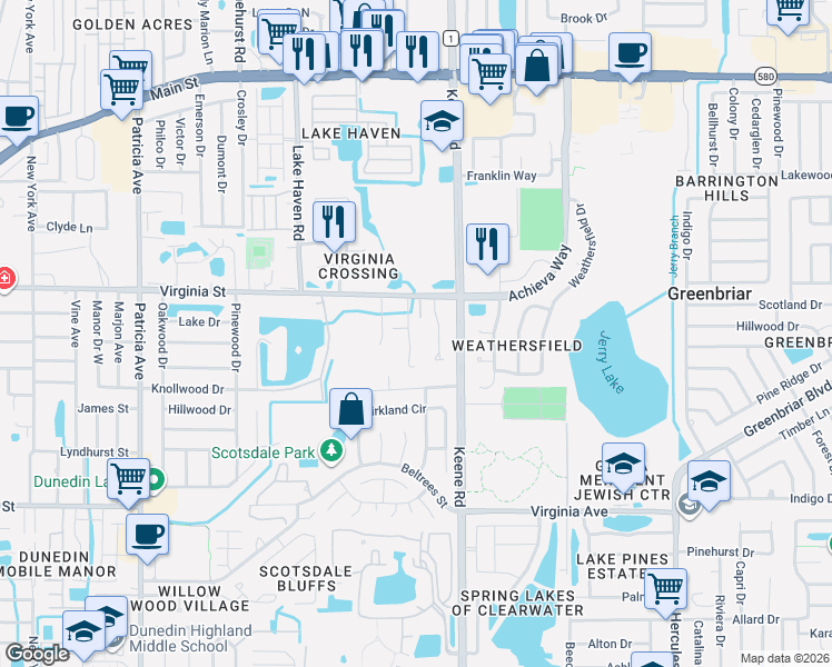 map of restaurants, bars, coffee shops, grocery stores, and more near 1441 Virginia Street in Dunedin