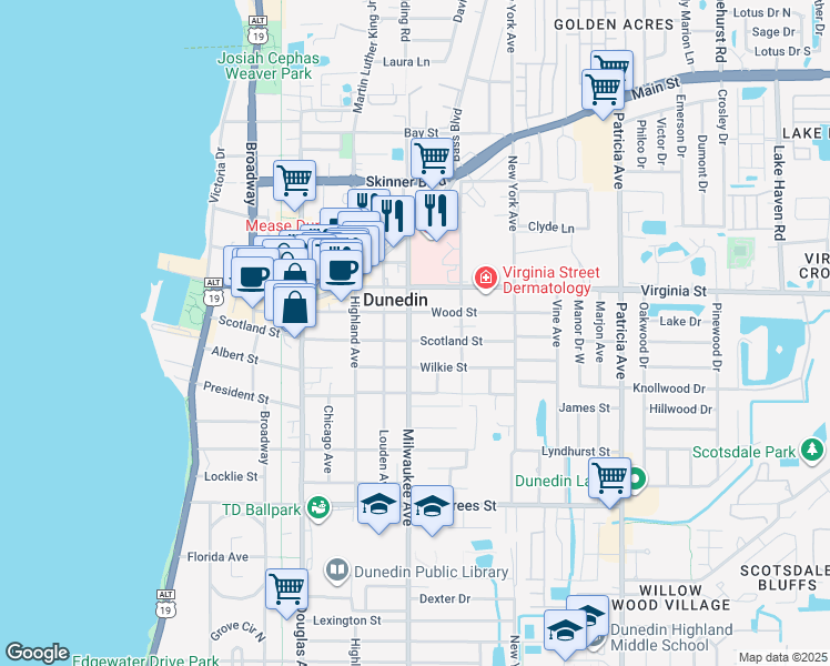 map of restaurants, bars, coffee shops, grocery stores, and more near 727 Milwaukee Avenue in Dunedin