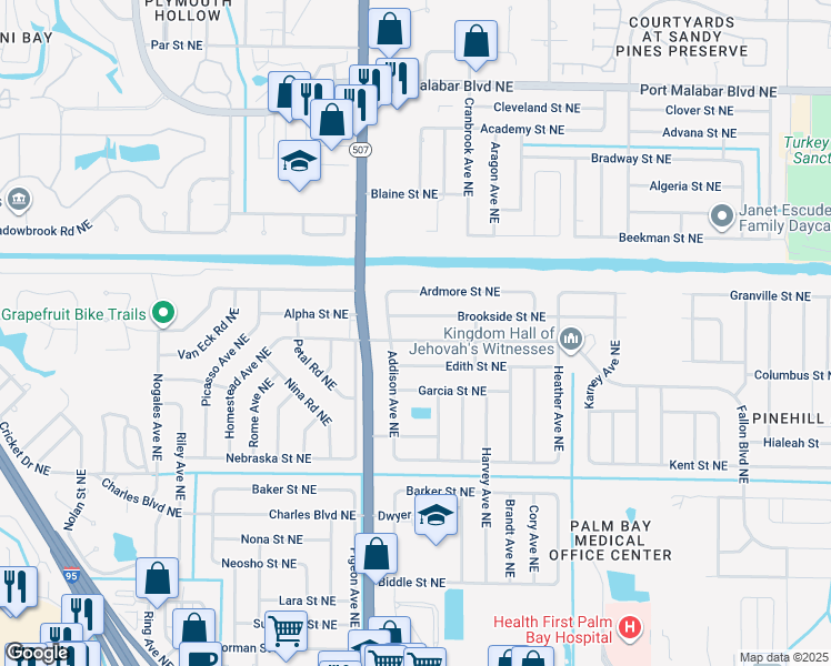 map of restaurants, bars, coffee shops, grocery stores, and more near 1755 Fallon Boulevard Northeast in Palm Bay