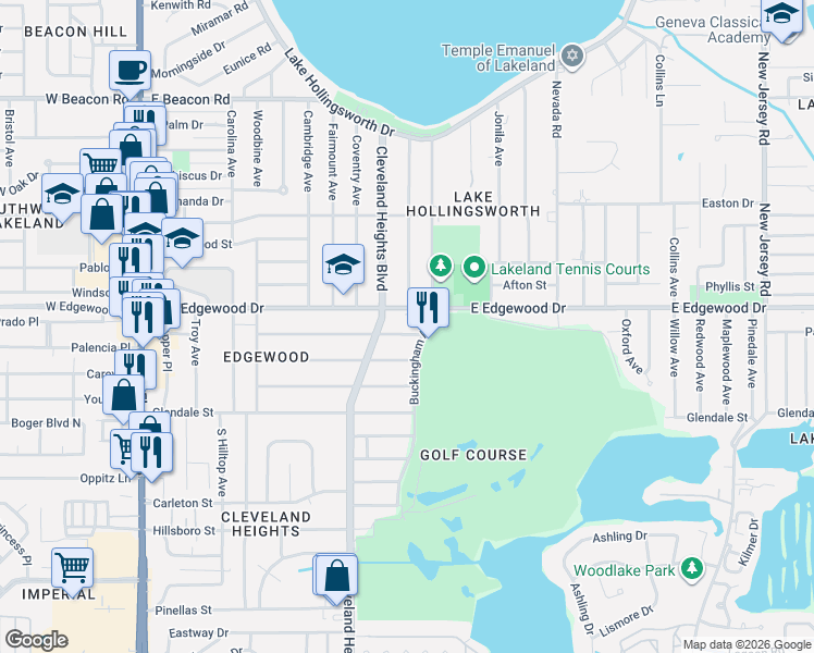 map of restaurants, bars, coffee shops, grocery stores, and more near 845 East Edgewood Drive in Lakeland