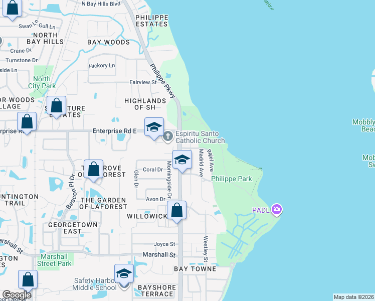 map of restaurants, bars, coffee shops, grocery stores, and more near 3711 Pinellas Avenue in Safety Harbor