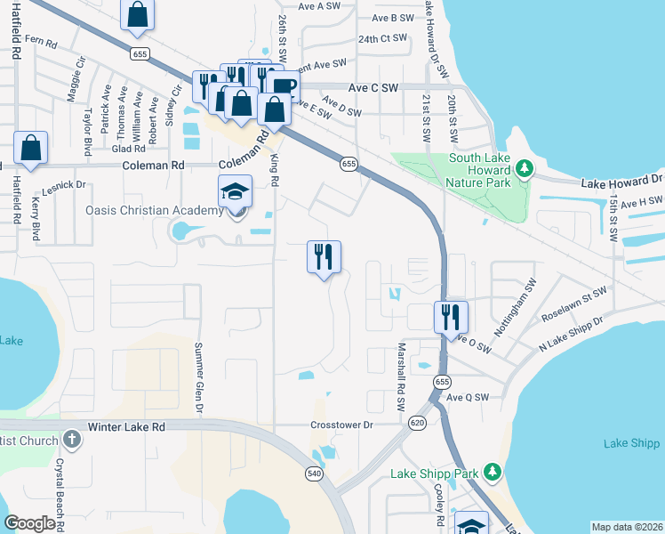 map of restaurants, bars, coffee shops, grocery stores, and more near 169 Kings Pond Avenue in Winter Haven
