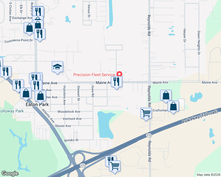 map of restaurants, bars, coffee shops, grocery stores, and more near 3103 Maine Avenue in Lakeland