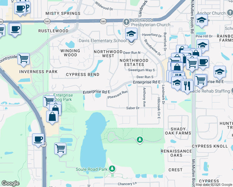 map of restaurants, bars, coffee shops, grocery stores, and more near 2840 Pheasant Run in Clearwater