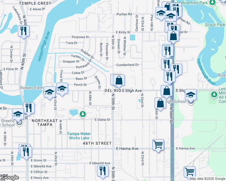 map of restaurants, bars, coffee shops, grocery stores, and more near North 50th Street & East Sligh Avenue in Tampa