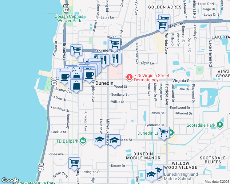 map of restaurants, bars, coffee shops, grocery stores, and more near 727 Milwaukee Avenue in Dunedin