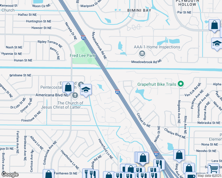 map of restaurants, bars, coffee shops, grocery stores, and more near 304 Holiday Park Boulevard Northeast in Palm Bay
