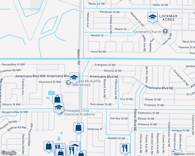 map of restaurants, bars, coffee shops, grocery stores, and more near 199 Americana Boulevard Northeast in Palm Bay