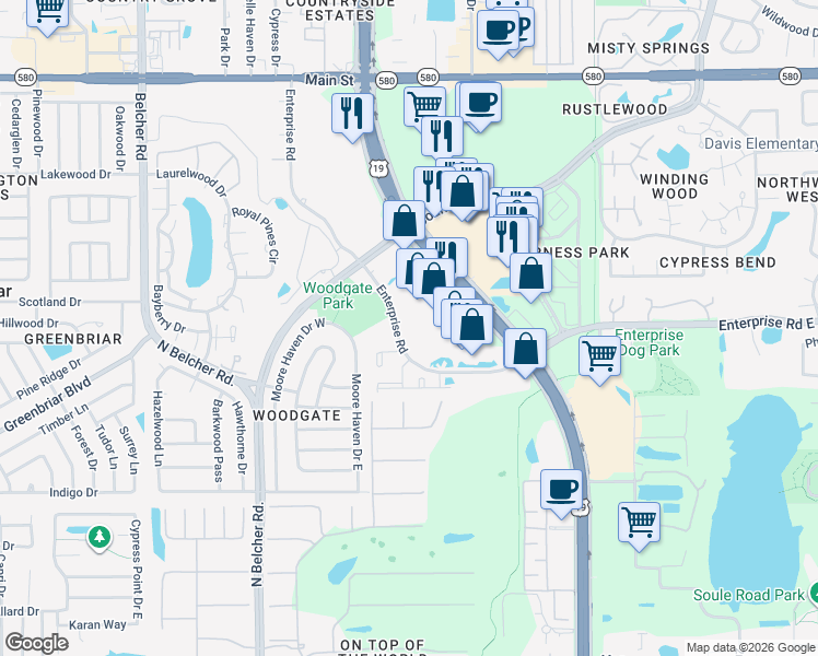 map of restaurants, bars, coffee shops, grocery stores, and more near 2488 Enterprise Road in Clearwater