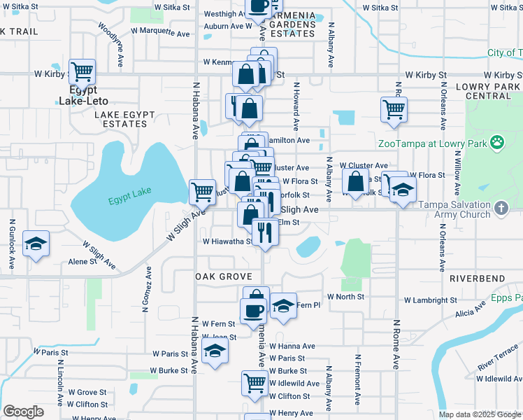 map of restaurants, bars, coffee shops, grocery stores, and more near N Armenia Ave & W Sligh Ave in Tampa