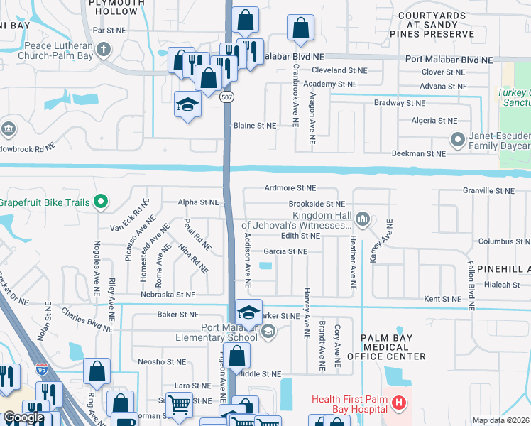 map of restaurants, bars, coffee shops, grocery stores, and more near 1726 Brookside Street Northeast in Palm Bay