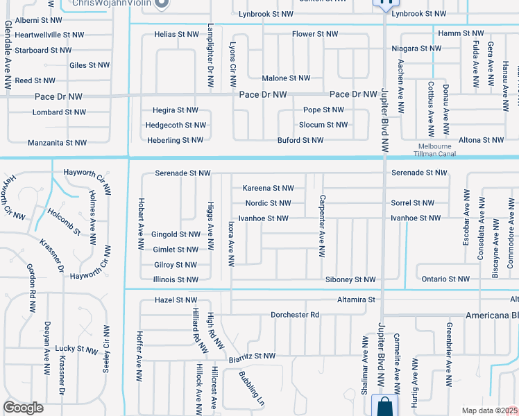 map of restaurants, bars, coffee shops, grocery stores, and more near 1162 Nordic Street Northwest in Palm Bay
