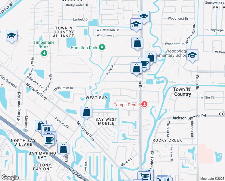 map of restaurants, bars, coffee shops, grocery stores, and more near 9012 Westbay Boulevard in Tampa