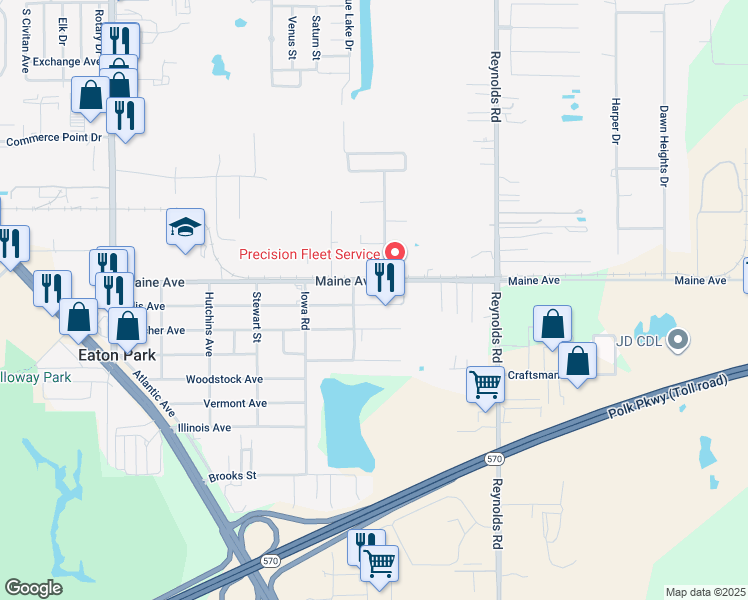 map of restaurants, bars, coffee shops, grocery stores, and more near 3120 Ellis Avenue in Lakeland