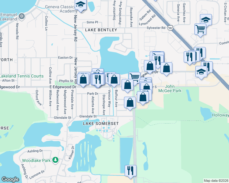map of restaurants, bars, coffee shops, grocery stores, and more near 2819 Balfour Avenue in Lakeland