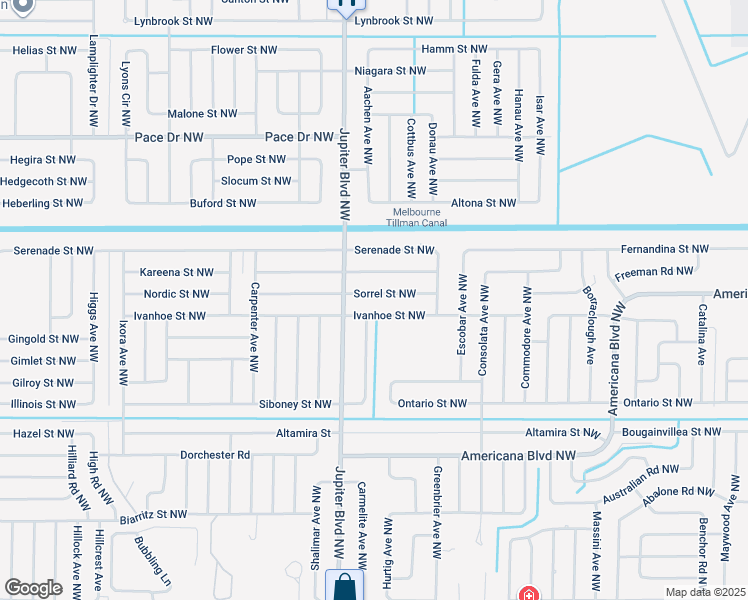 map of restaurants, bars, coffee shops, grocery stores, and more near 868 Sorrel Street Northwest in Palm Bay