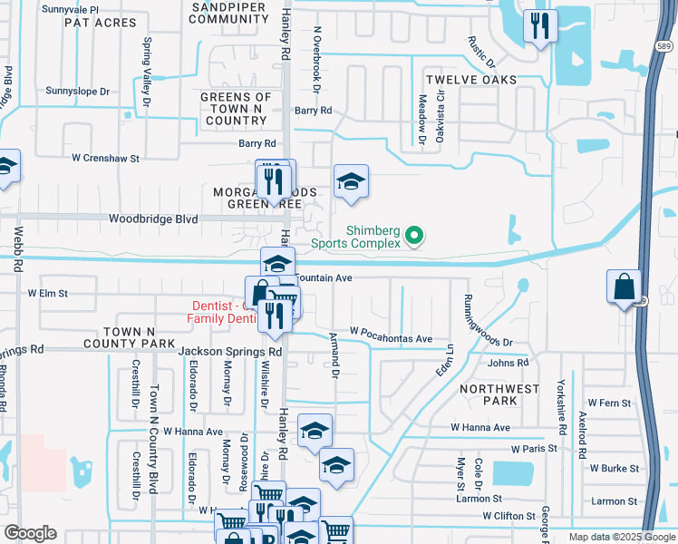 map of restaurants, bars, coffee shops, grocery stores, and more near 7023 Fountain Avenue in Tampa