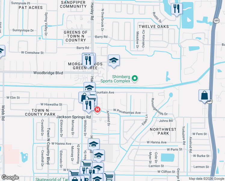 map of restaurants, bars, coffee shops, grocery stores, and more near 7023 Fountain Avenue in Tampa