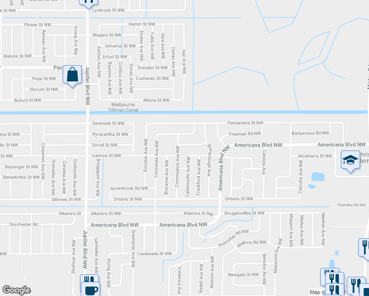 map of restaurants, bars, coffee shops, grocery stores, and more near 686 Estaugh Street Northwest in Palm Bay
