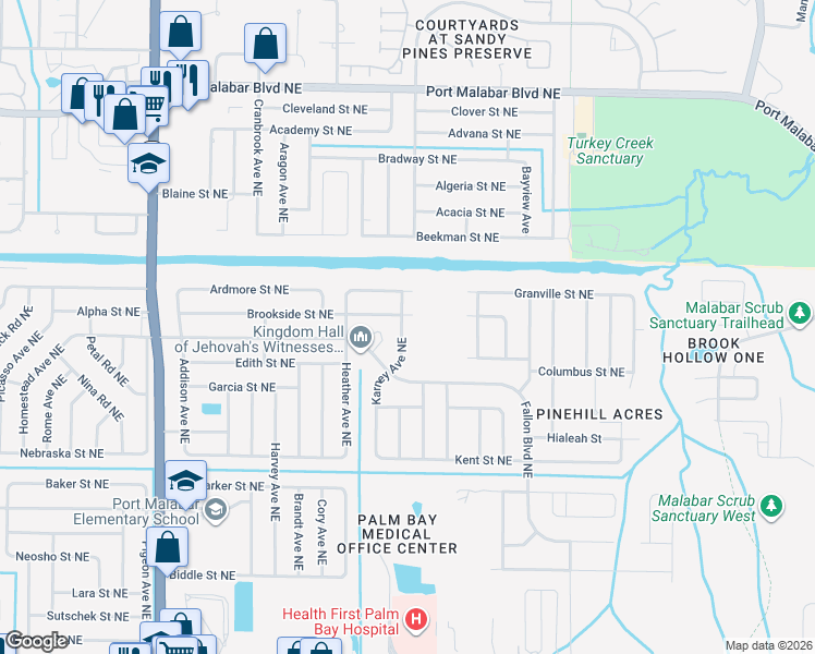 map of restaurants, bars, coffee shops, grocery stores, and more near 563 Karney Avenue Northeast in Palm Bay
