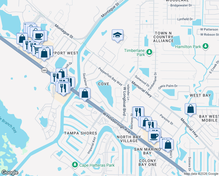 map of restaurants, bars, coffee shops, grocery stores, and more near 6702 Longpointe Way in Tampa