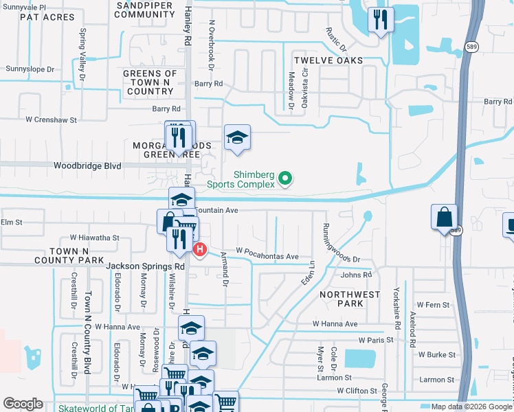 map of restaurants, bars, coffee shops, grocery stores, and more near 7007 Fountain Avenue in Tampa