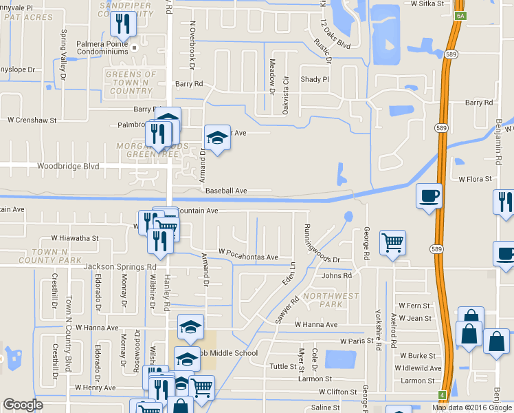 map of restaurants, bars, coffee shops, grocery stores, and more near 6827 Fountain Avenue in Tampa